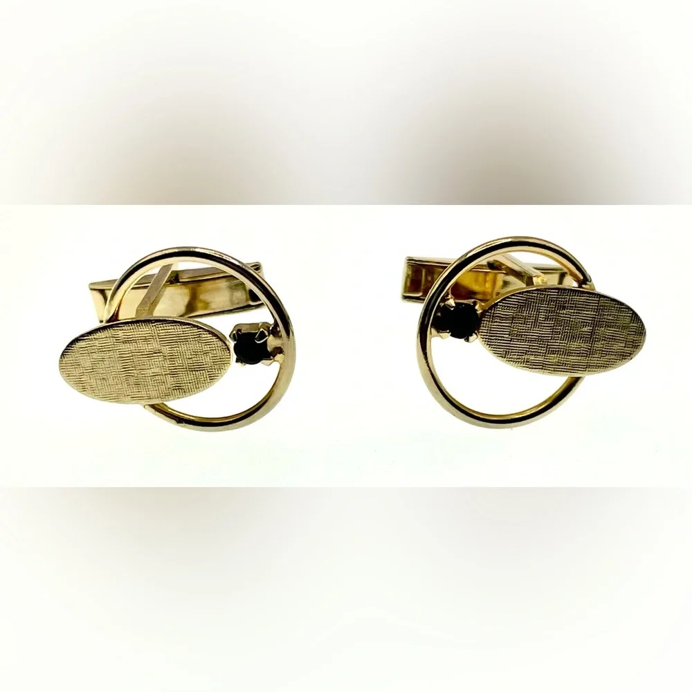 Vintage Gold Tone Textured Cufflinks Prong Set Black Cabochon Gem Atomic MCM
